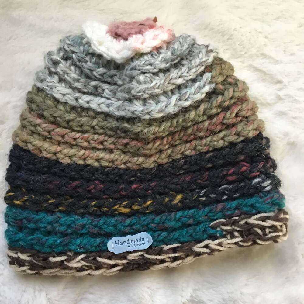 Chunky Knit Beanie with Flower Accent, Handmade Multi-Color Winter Hat